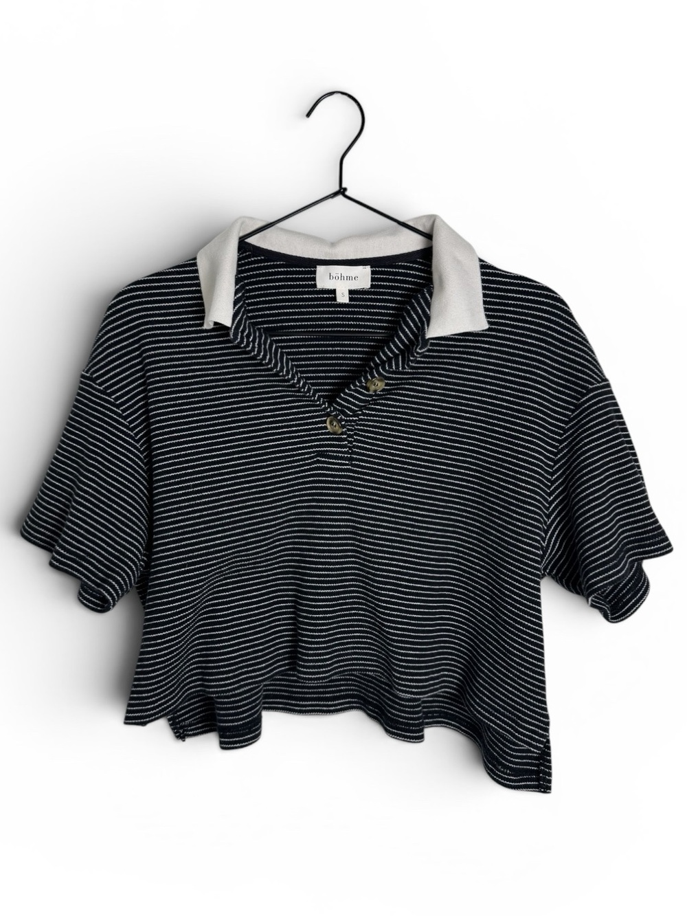 Bohme Black and White Striped Cropped Boxy Polo Top Size Small